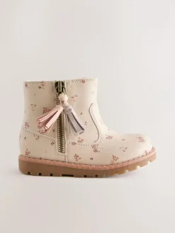 Best Next Neutral Floral Wide Fit (G) Chelsea Zip Tassel Ankle Boots