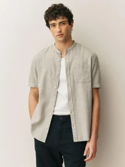 Next Grandad Collar Cotton Linen Blend Short Sleeve Shirt^ Shirts