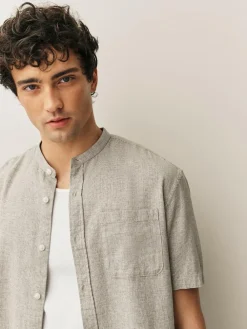 Next Grandad Collar Cotton Linen Blend Short Sleeve Shirt^ Shirts