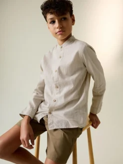 New Next Neutral Grandad Collar Linen Mix Long Sleeve Shirt (3-16yrs)