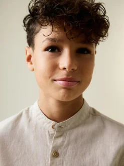 New Next Neutral Grandad Collar Linen Mix Long Sleeve Shirt (3-16yrs)