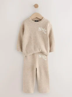 Outlet Next Knitted NYC Varsity Jumper and Joggers Set (3mths-7yrs) Neutral