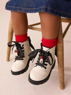 New Next Neutral Minnie Mouse Bow Detail Lace Up Ankle Boots