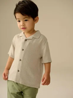 New Next Short Sleeves Linen Blend Revere Collar Shirt (3mths-7yrs) Neutral Plain