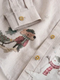 Best Next Long Sleeve Grandad Christmas Printed Shirt (3mths-10yrs) Neutral Scene
