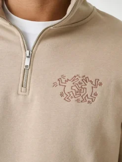 Next Neutral Stone Keith Haring Licence Graphic Print Quarter Zip Neck Sweatshirt^ Sweatshirts & Hoodies|Sweatshirts & Hoodies