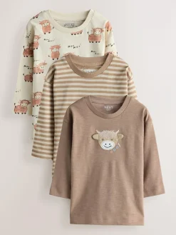 Clearance Next Long Sleeve Animal Print Character T-Shirts 3 Pack (3mths-7yrs) Neutral Tan Hamish