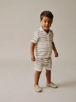 New Next Neutral Textured Revere Collar Knitted Polo Shirt and Shorts Set (3mths-10yrs)