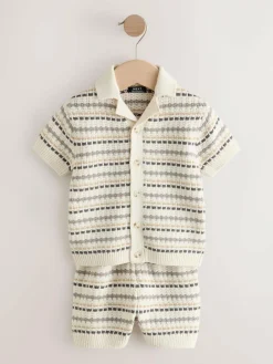 New Next Neutral Textured Revere Collar Knitted Polo Shirt and Shorts Set (3mths-10yrs)