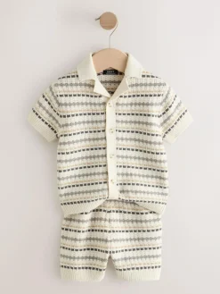 New Next Neutral Textured Revere Collar Knitted Polo Shirt and Shorts Set (3mths-10yrs)