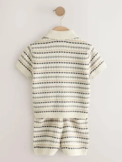 New Next Neutral Textured Revere Collar Knitted Polo Shirt and Shorts Set (3mths-10yrs)