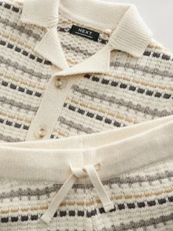 New Next Neutral Textured Revere Collar Knitted Polo Shirt and Shorts Set (3mths-10yrs)