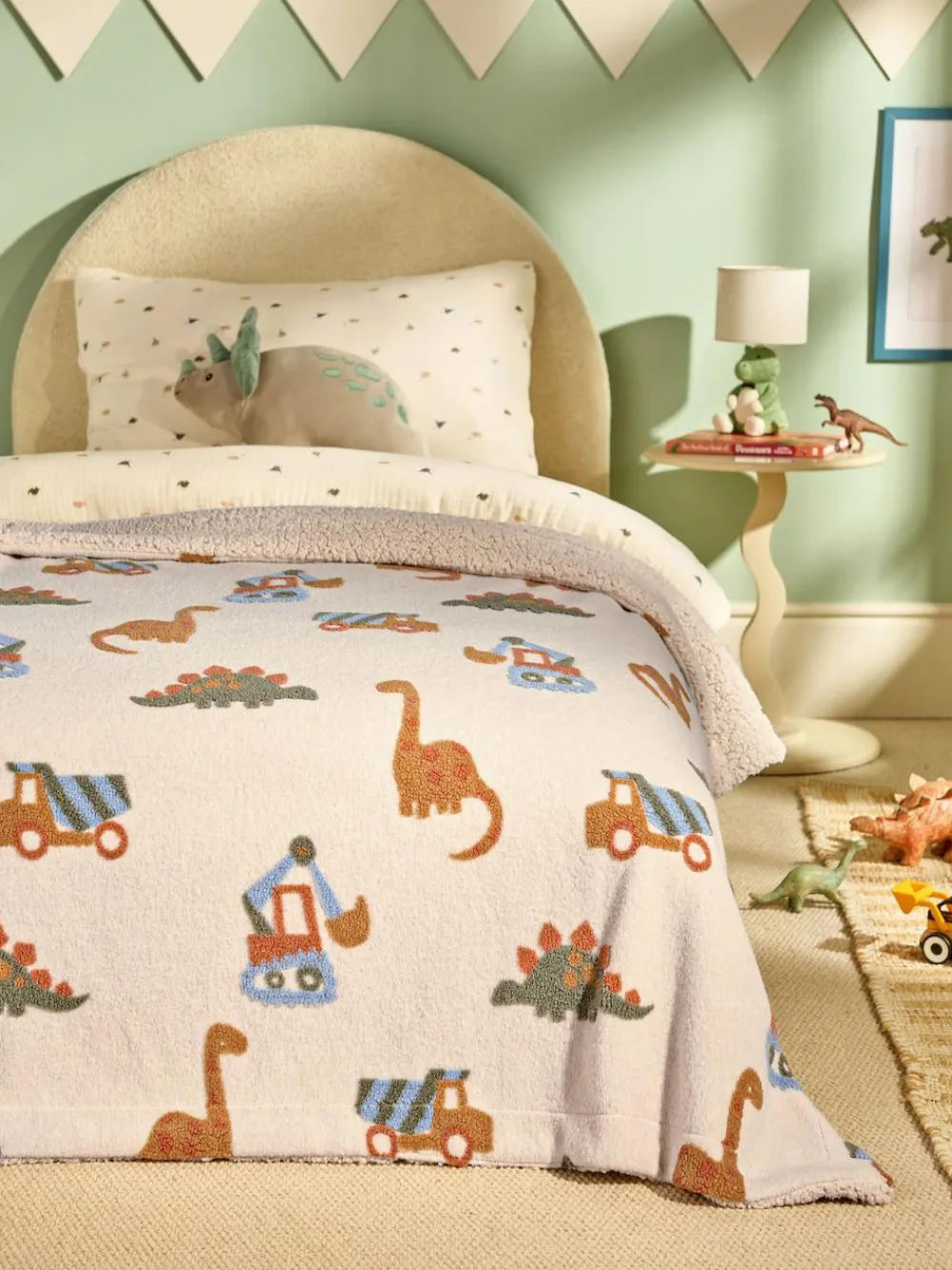 Next Neutral Tufted Dinosaurs & Diggers Borg Throw Blanket^ Cushions & Throws