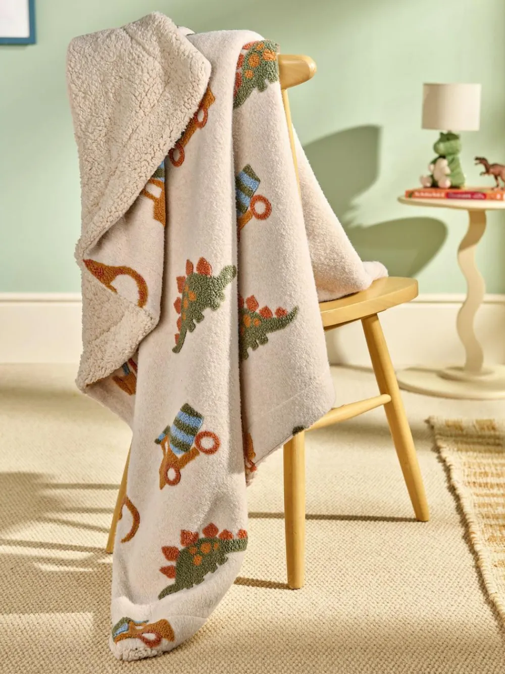 Next Neutral Tufted Dinosaurs & Diggers Borg Throw Blanket^ Cushions & Throws