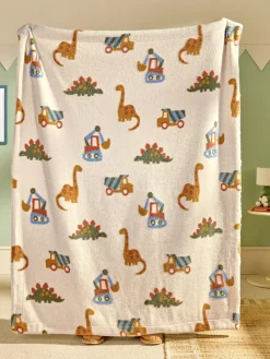 Next Neutral Tufted Dinosaurs & Diggers Borg Throw Blanket^ Cushions & Throws