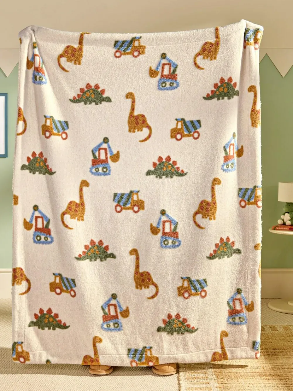 Next Neutral Tufted Dinosaurs & Diggers Borg Throw Blanket^ Cushions & Throws