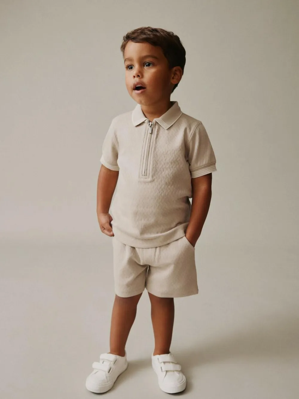 Next Neutral Zip Neck Short Sleeve Polo Shirt And Shorts Set (3mths-7yrs)^BOY Sets & Co-Ords|Sets & Co-Ords