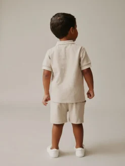 Next Neutral Zip Neck Short Sleeve Polo Shirt And Shorts Set (3mths-7yrs)^BOY Sets & Co-Ords|Sets & Co-Ords