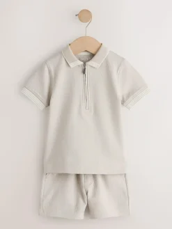 Next Neutral Zip Neck Short Sleeve Polo Shirt And Shorts Set (3mths-7yrs)^BOY Sets & Co-Ords|Sets & Co-Ords