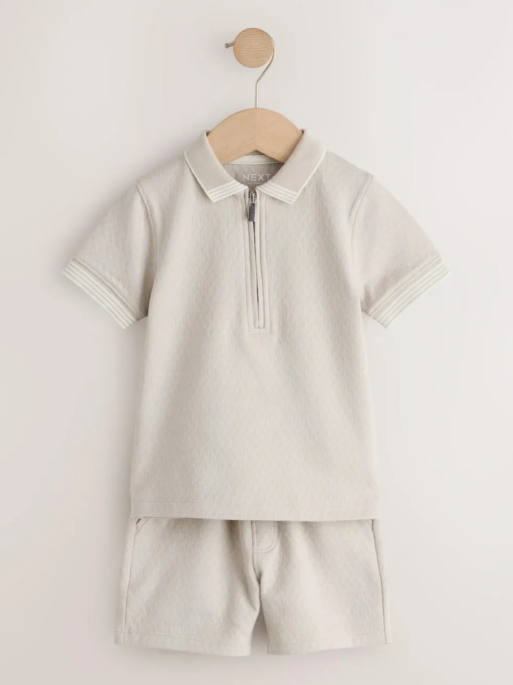 Next Neutral Zip Neck Short Sleeve Polo Shirt And Shorts Set (3mths-7yrs)^BOY Sets & Co-Ords|Sets & Co-Ords