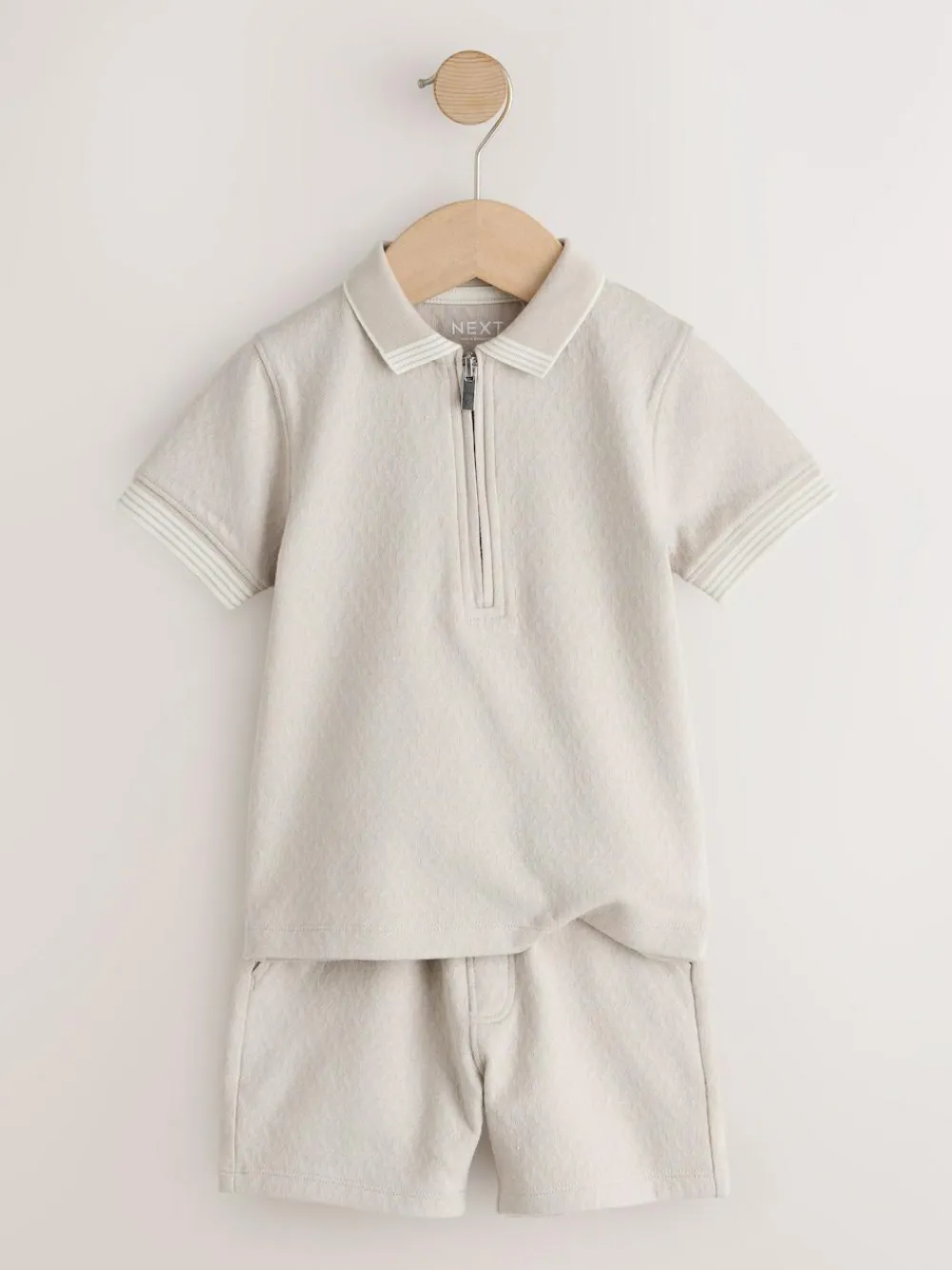 Next Neutral Zip Neck Short Sleeve Polo Shirt And Shorts Set (3mths-7yrs)^BOY Sets & Co-Ords|Sets & Co-Ords