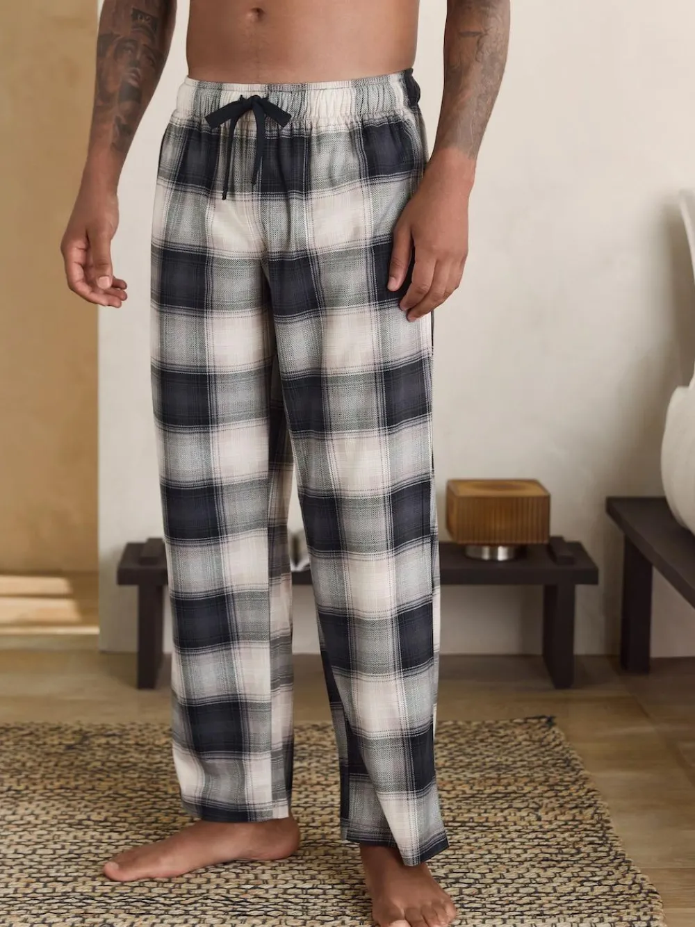 Next Neutral/Black Check Motionflex Cosy Open Hem Pyjama Bottoms 2 Pack^ Pyjamas