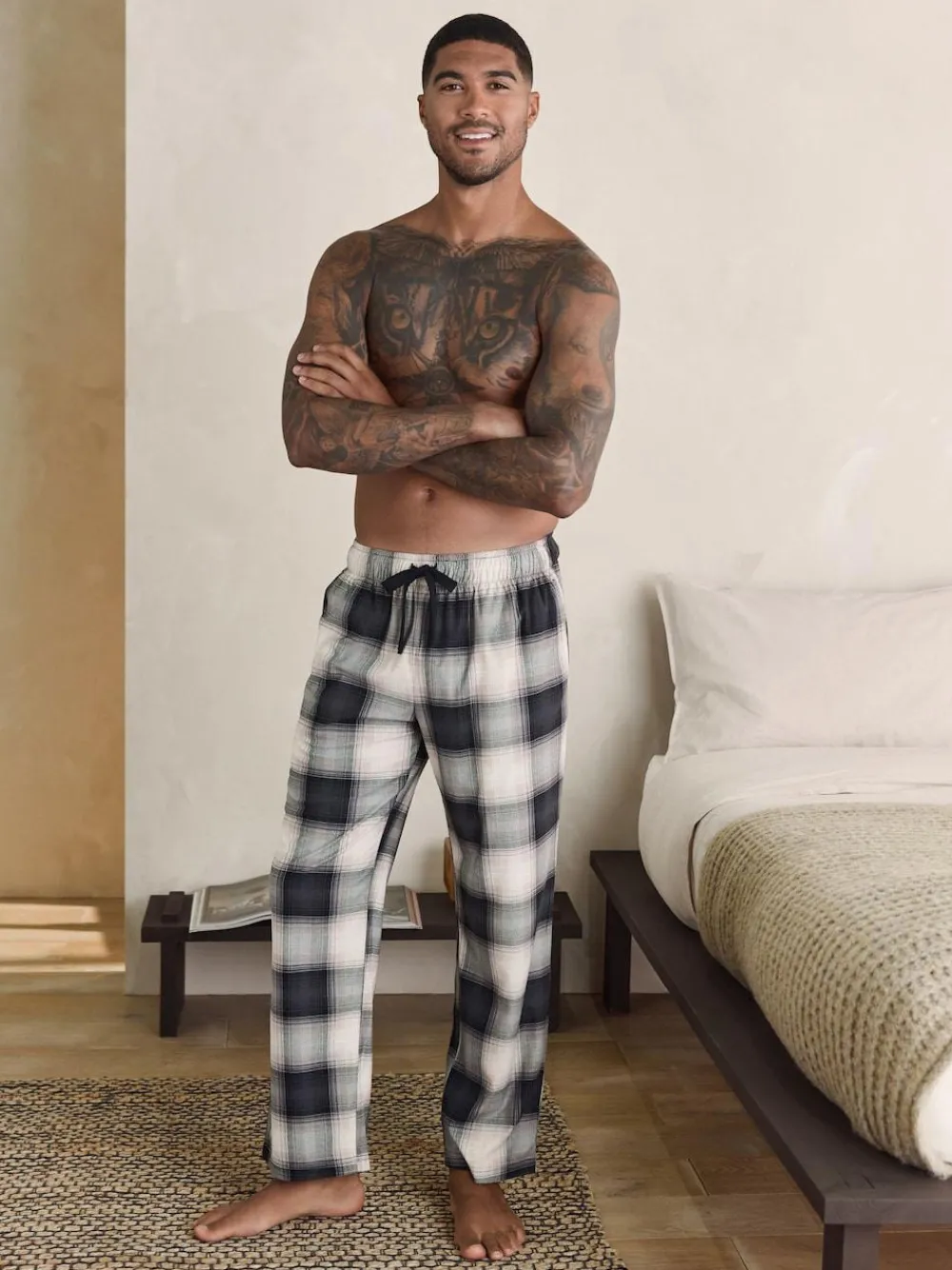 Next Neutral/Black Check Motionflex Cosy Open Hem Pyjama Bottoms 2 Pack^ Pyjamas