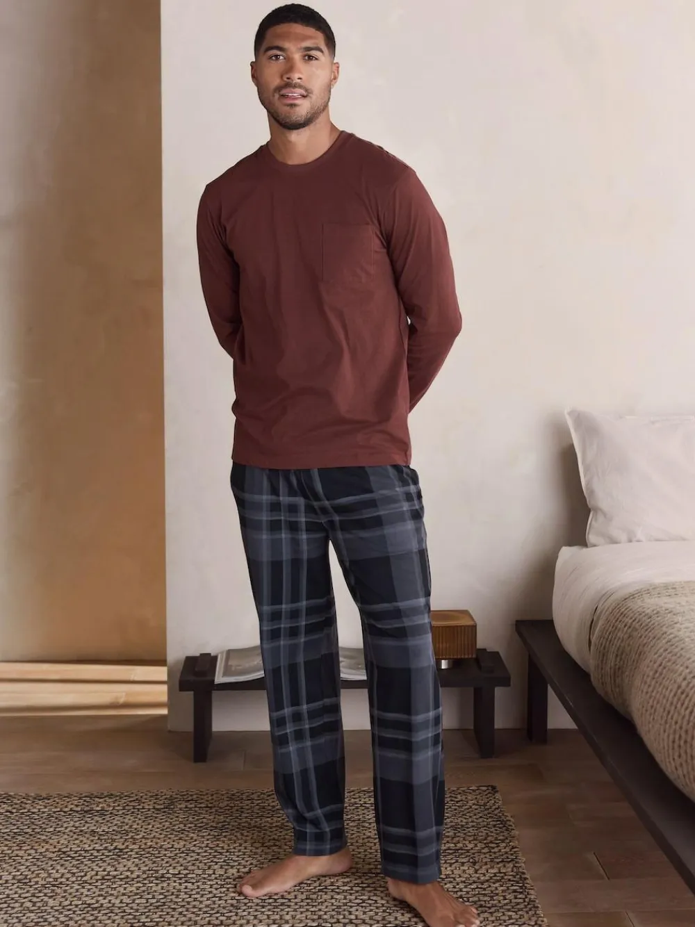 Next Neutral/Navy Check Jersey Short Sleeve Pyjamas Set 2 Pack^ Nightwear|Pyjamas