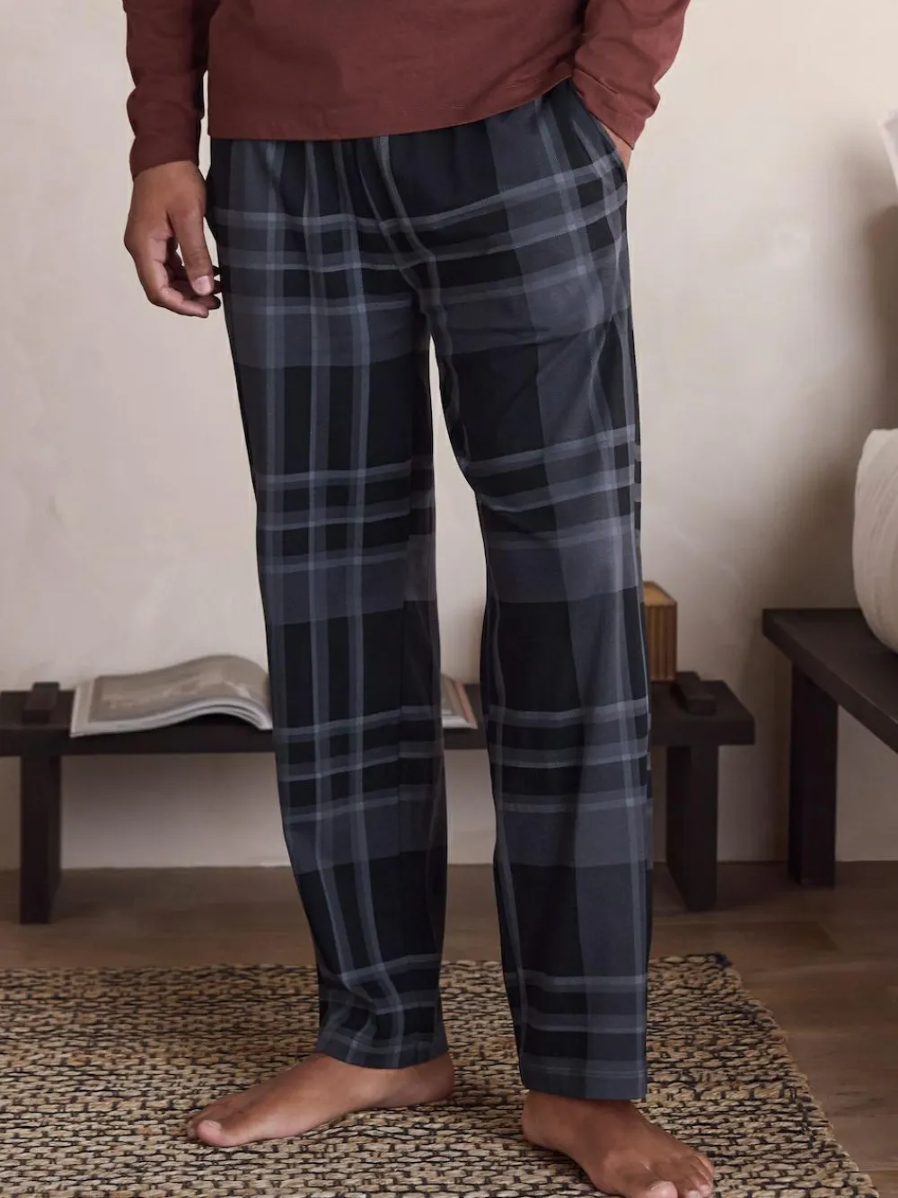 Next Neutral/Navy Check Jersey Short Sleeve Pyjamas Set 2 Pack^ Nightwear|Pyjamas