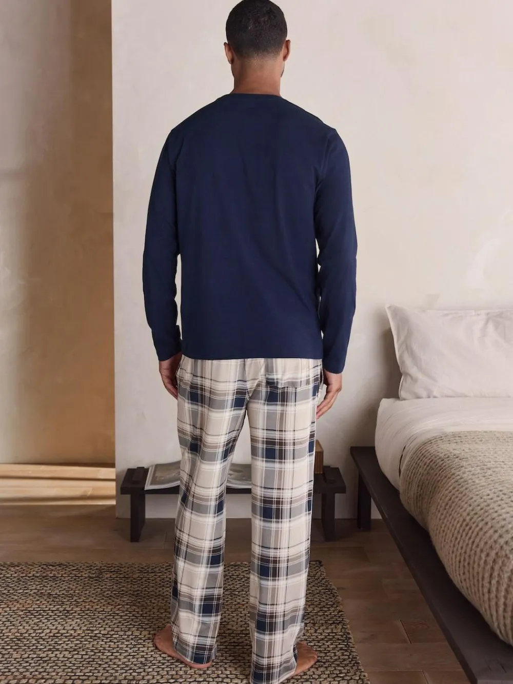 Next Neutral/Navy Check Jersey Short Sleeve Pyjamas Set 2 Pack^ Nightwear|Pyjamas