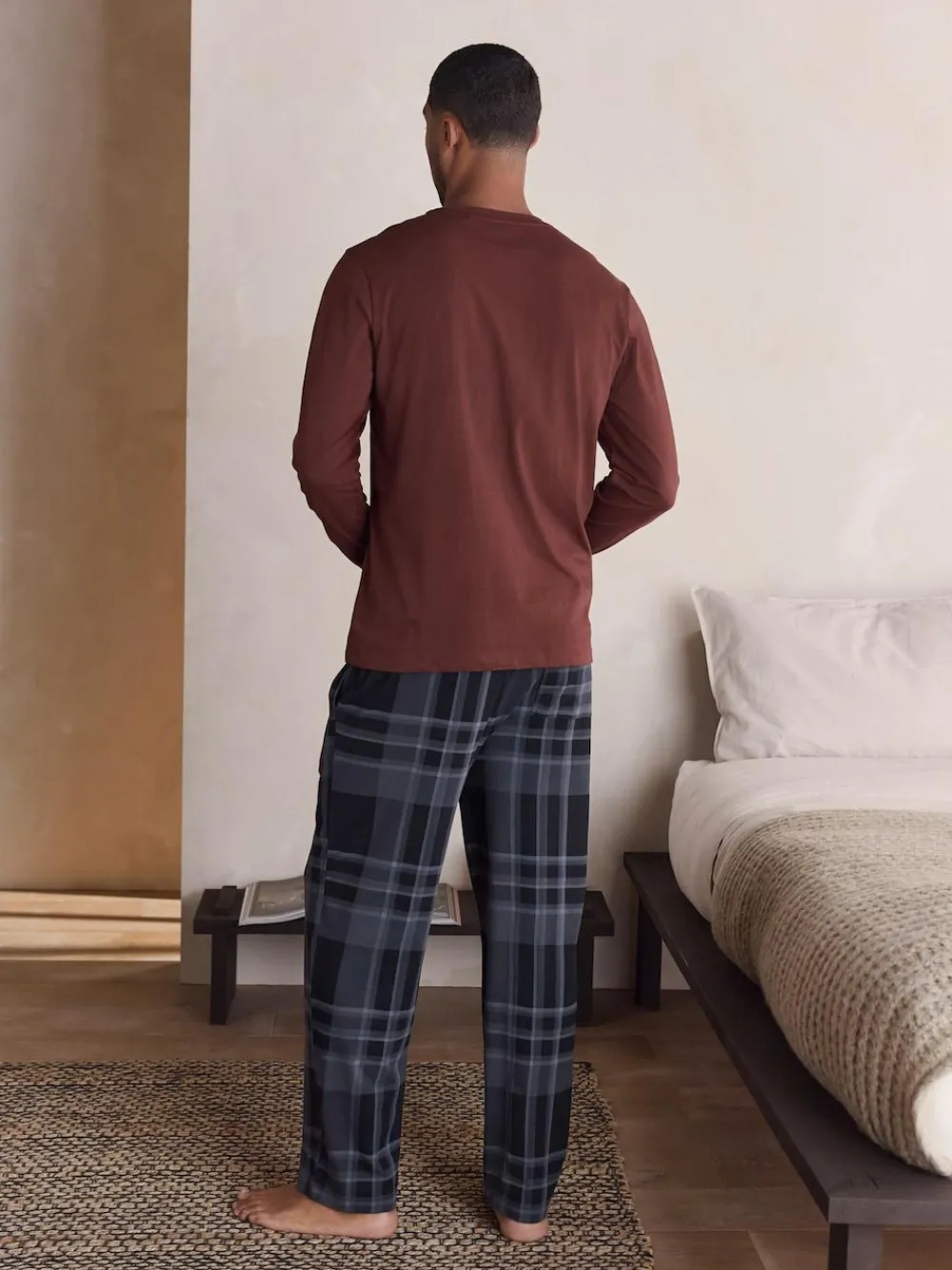 Next Neutral/Navy Check Jersey Short Sleeve Pyjamas Set 2 Pack^ Nightwear|Pyjamas