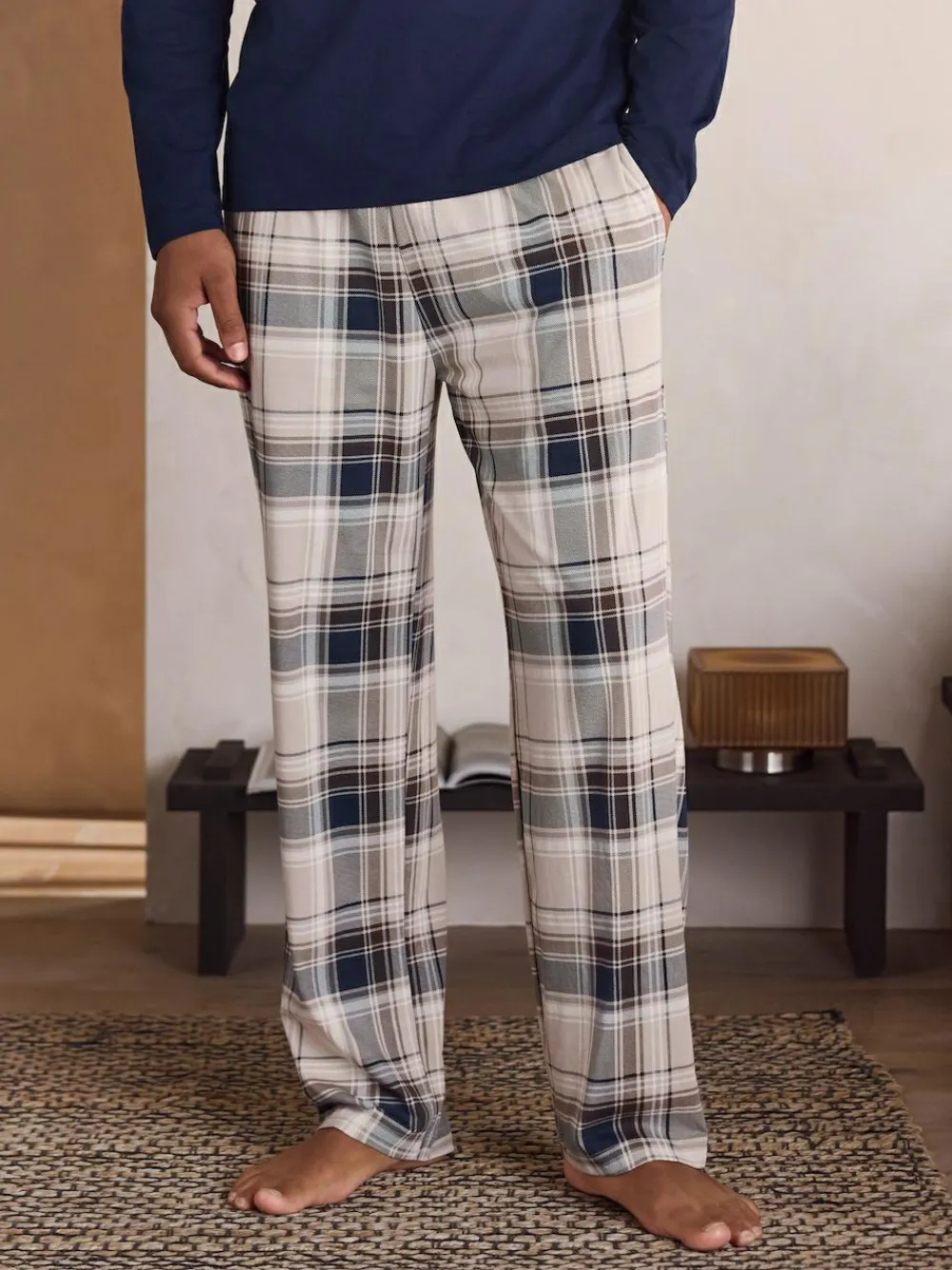 Next Neutral/Navy Check Jersey Short Sleeve Pyjamas Set 2 Pack^ Nightwear|Pyjamas