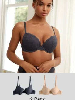 Discount Next Push Up Plunge Lace Bras 2 Pack Neutral/Navy