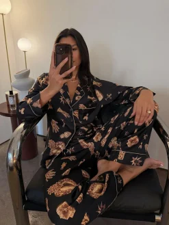 Never Fully Dressed Black/Gold Charm Satin Button Through Pyjamas^Women All Night & Lounge|Pyjamas