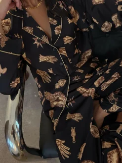 Never Fully Dressed Black/Gold Charm Satin Button Through Pyjamas^Women All Night & Lounge|Pyjamas