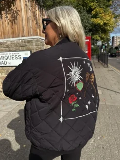 Hot Never Fully Dressed Black Embroidered Quilted Fur Lined Bomber Jacket