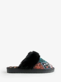 Never Fully Dressed Multi Black Quilted Faux Fur Lined Mule Slippers^Women Slippers
