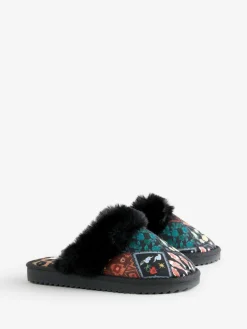 Never Fully Dressed Multi Black Quilted Faux Fur Lined Mule Slippers^Women Slippers