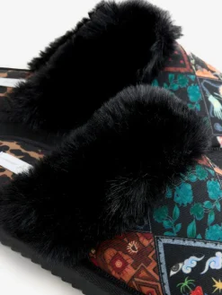 Never Fully Dressed Multi Black Quilted Faux Fur Lined Mule Slippers^Women Slippers