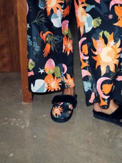 Never Fully Dressed Multi Navy Quilted Faux Fur Lined Mule Slippers^Women Slippers