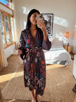 Never Fully Dressed Night Garden Satin Long Line Robe^Women Bathrobes|All Night & Lounge