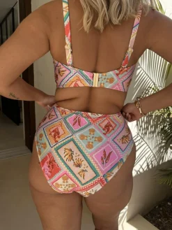 Clearance Never Fully Dressed Pink/Orange Tile High Waisted Bikini Bottoms