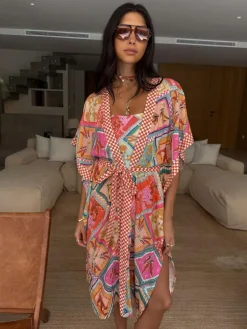 Never Fully Dressed Pink/Orange Cotton Blend Kimono^Women Swimwear