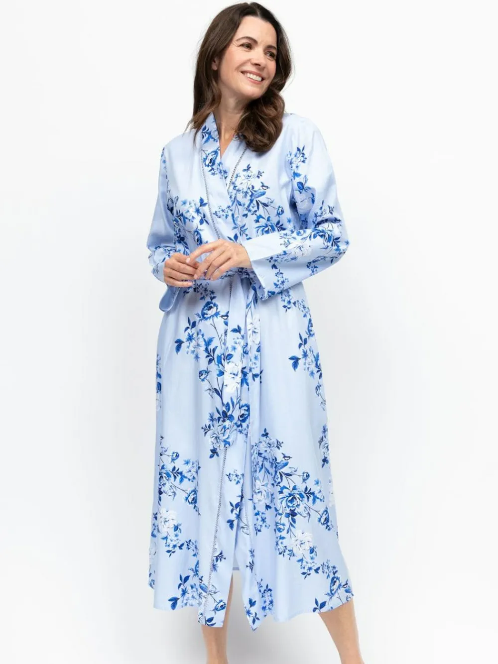 Online Nora Rose Blue Floral Print Lace Insert Long Sleeve Dressing Gown