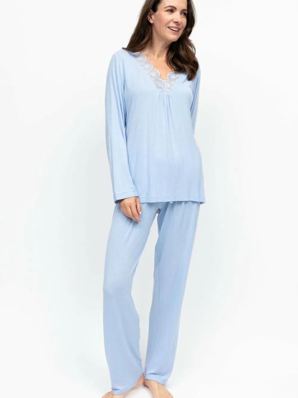 Hot Nora Rose Blue Jersey Scalloped V-Neck Lace Long Sleeve Pyjamas Set