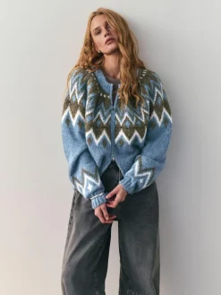 Nothing Ordinary Check Fairisle Pattern Knit Zip Through Jumper With Wool Blue