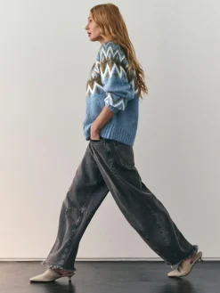 Nothing Ordinary Check Fairisle Pattern Knit Zip Through Jumper With Wool Blue