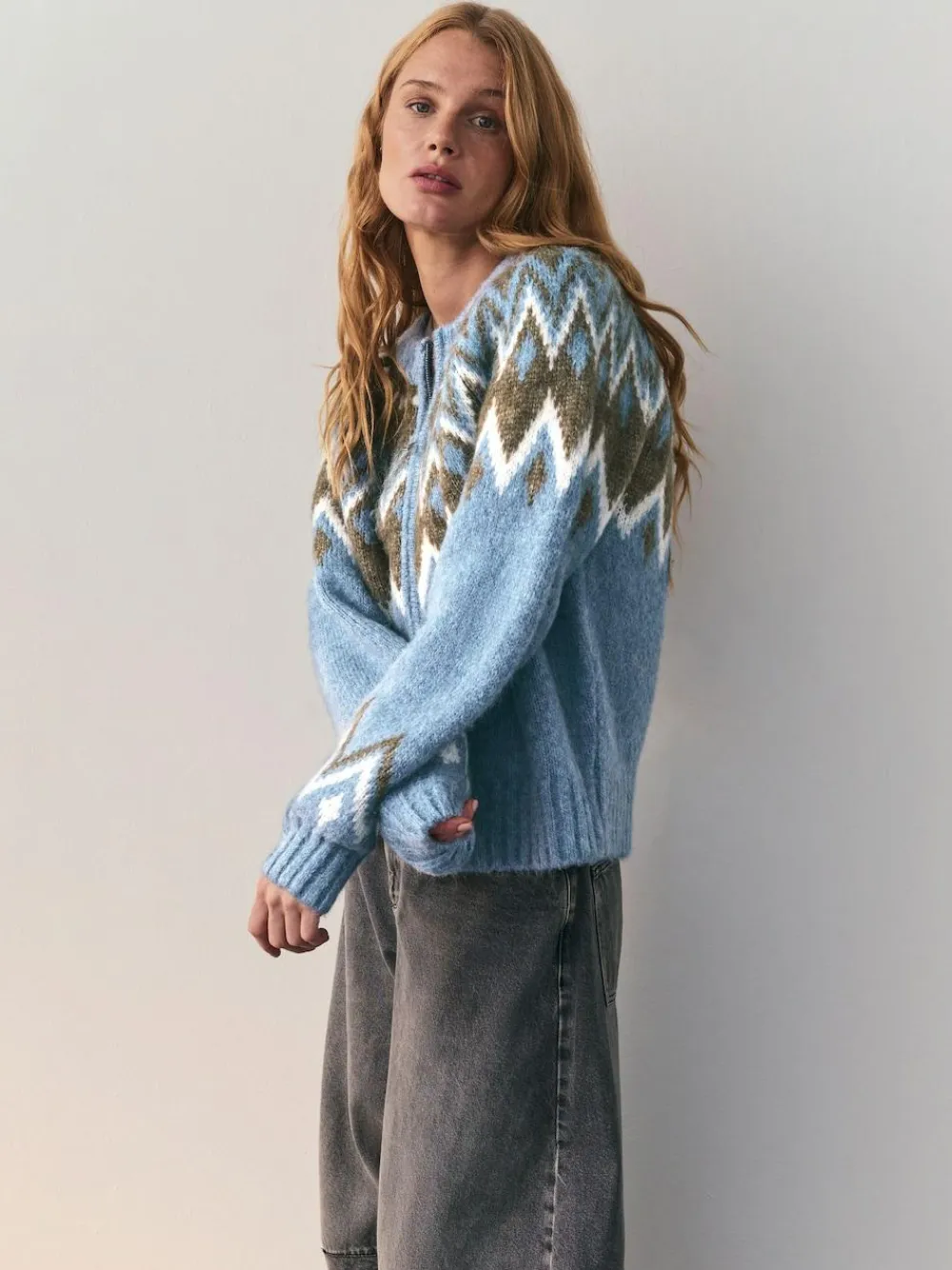 Nothing Ordinary Check Fairisle Pattern Knit Zip Through Jumper With Wool Blue