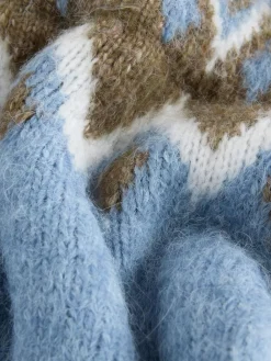 Nothing Ordinary Check Fairisle Pattern Knit Zip Through Jumper With Wool Blue