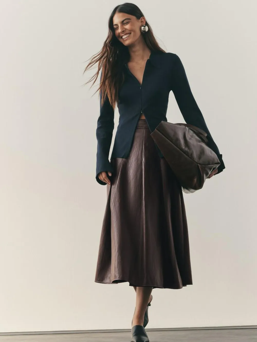 Outlet Nothing Ordinary Chocolate Brown Faux Leather Wrap Midi Kilt Skirt